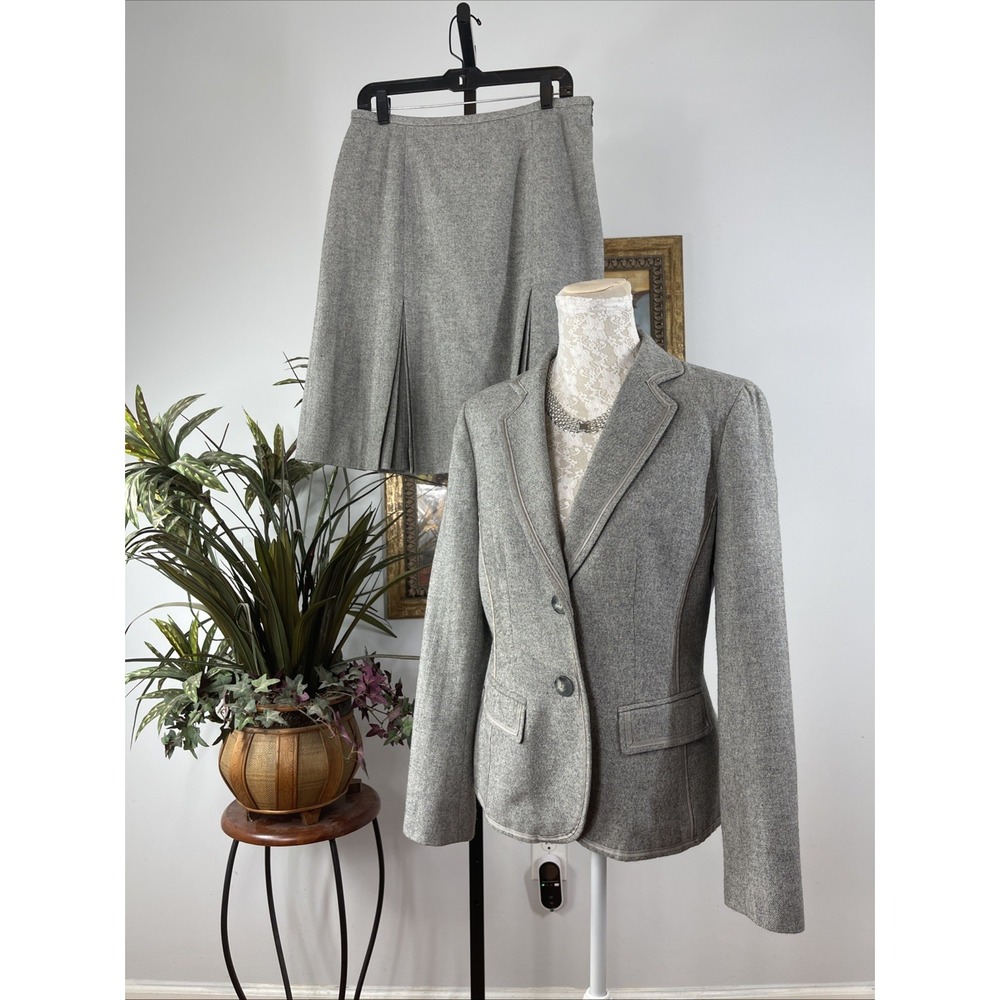 Anne Klein Women Size 8 Gray Wool Blend 2 Piece Blazer Skirt Suit Career